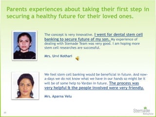 Parents experiences about taking their first step in
securing a healthy future for their loved ones.
The concept is very innovative. I went for dental stem cell
banking to secure future of my son. My experience of
dealing with Stemade Team was very good. I am hoping more
stem cell researches are successful.
Mrs. Urvi Kothari
We feel stem cell banking would be beneficial in future. And now-
a-days we do not know what we have in our hands so might be it
will be of some help to Vardan in future. The process was
very helpful & the people involved were very friendly.
Mrs. Aparna Velu
34
 