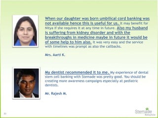 When our daughter was born umbilical cord banking was
not available hence this is useful for us. It may benefit for
Nitya if she requires it at any time in future. Also my husband
is suffering from kidney disorder and with the
breakthroughs in medicine maybe in future it would be
of some help to him also. It was very easy and the service
with timelines was prompt as also the callbacks.
Mrs. Aarti K.
My dentist recommended it to me. My experience of dental
stem cell banking with Stemade was pretty good. You should be
creating more awareness campaigns especially at pediatric
dentists.
Mr. Rajesh M.
35
 