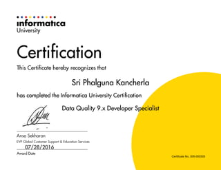 Sri Phalguna Kancherla
Data Quality 9.x Developer Specialist
07/28/2016
Certificate No. 005-000305
 