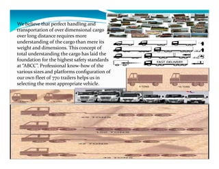 We believe that perfect handling and
transportation of over dimensional cargo
over long distance requires more
understanding of the cargo than mere its
weight and dimensions. This concept of
total understanding the cargo has laid the
foundation for the highest safety standards
at “ABCC”. Professional know-how of the
various sizes and platforms configuration of
our own fleet of 770 trailers helps us in
selecting the most appropriate vehicle.selecting the most appropriate vehicle.
 