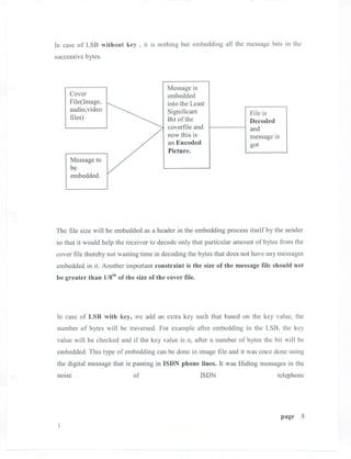 In case of LSB without key , it is nothing but embedding all the message bits in the
successive bytes.



                                         Message is
     Cover                               embedded
     File(Image,                         into the Least
     audio, video                        Significant                  File is
     files)                              Bit of the                   Decoded
                                         coverfile and                and
                                         now this is                  message IS
                                         an Encoded                   got
                                         Picture.
     Message to
     be
     embedded.




The file size will be embedded as a header in the embedding process itself by the sender
so that it would help the receiver to decode only that particular amount of bytes from the
cover file thereby not wasting time in decoding the bytes that does not have any messages
embedded in it. Another important constraint is the size of the message file should not
be greater than l/Sth of the size of the cover file.




In case of LSB with key, we add an extra key such that based on the key value, the
number of bytes will be traversed. For example after embedding in the LSB, the key
value will be checked and if the key value is n, after n number of bytes the bit will be
embedded. This type of embedding can be done in image file and it was once done using
the digital message that is passing in ISDN phone lines. It was Hiding messages in the
nOIse                       of                         ISDN                     telephone




                                                                                 page    8
 