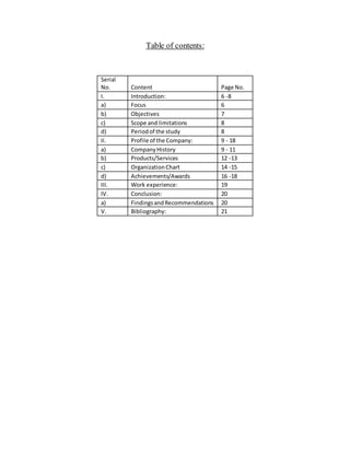 Table of contents:
Serial
No. Content Page No.
I. Introduction: 6 -8
a) Focus 6
b) Objectives 7
c) Scope and limitations 8
d) Periodof the study 8
II. Profile of the Company: 9 - 18
a) CompanyHistory 9 - 11
b) Products/Services 12 -13
c) OrganizationChart 14 -15
d) Achievements/Awards 16 -18
III. Work experience: 19
IV. Conclusion: 20
a) FindingsandRecommendations 20
V. Bibliography: 21
 