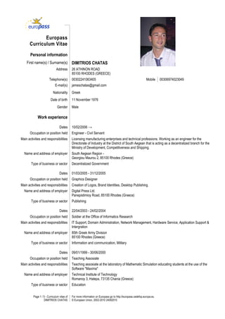 Page 1 / 5 - Curriculum vitae of
DIMITRIOS CHATAS
For more information on Europass go to http://europass.cedefop.europa.eu
© European Union, 2002-2010 24082010
Europass
Curriculum Vitae
Personal information
First name(s) / Surname(s) DIMITRIOS CHATAS
Address 26 ATHINON ROAD
85100 RHODES (GREECE)
Telephone(s) 00302241063405 Mobile 00306974023049
E-mail(s) jameschatas@gmail.com
Nationality Greek
Date of birth 11 November 1976
Gender Male
Work experience
Dates 10/02/2006 →
Occupation or position held Engineer - Civil Servant
Main activities and responsibilities Licensing manufacturing enterprises and technical professions. Working as an engineer for the
Directorate of Industry at the District of South Aegean that is acting as a decentralized branch for the
Ministry of Development, Competitiveness and Shipping.
Name and address of employer South Aegean Region -
Georgiou Maurou 2, 85100 Rhodes (Greece)
Type of business or sector Decentralized Government
Dates 01/03/2005 - 31/12/2005
Occupation or position held Graphics Designer
Main activities and responsibilities Creation of Logos, Brand Identities, Desktop Publishing.
Name and address of employer Digital Press Ltd.
Panepistimioy Road, 85100 Rhodes (Greece)
Type of business or sector Publishing
Dates 22/04/2003 - 24/02/2004
Occupation or position held Soldier at the Office of Informatics Research
Main activities and responsibilities IT Support, Domain Administration, Network Management, Hardware Service, Application Support &
Intergration
Name and address of employer 85th Greek Army Division
85100 Rhodes (Greece)
Type of business or sector Information and communication, Military
Dates 09/01/1999 - 30/06/2000
Occupation or position held Teaching Assosiate
Main activities and responsibilities Teaching assosiate at the laboratory of Mathematic Simulation educating students at the use of the
Software "Maxima"
Name and address of employer Technical Institute of Technology
Romanoy 3, Halepa, 73135 Chania (Greece)
Type of business or sector Education
 