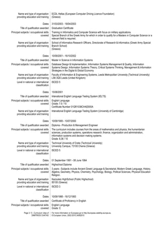 Page 3 / 5 - Curriculum vitae of
DIMITRIOS CHATAS
For more information on Europass go to http://europass.cedefop.europa.eu
© European Union, 2002-2010 24082010
Name and type of organisation
providing education and training
ECDL Hellas (European Computer Driving Licence Foundation)
(Greece)
Dates 31/03/2003 - 18/04/2003
Title of qualification awarded Graduation Certificate
Principal subjects / occupational skills
covered
Training in Informatics and Computer Science with focus on military applications.
Special Branch of the Greek Army for which in order to qualify for a Masters in Computer Science or a
relevant field is required.
Name and type of organisation
providing education and training
School of Informatics Research Officers, Directorate of Research & Informatics (Greek Army Special
Branch School)
(Greece)
Dates 10/09/2001 - 16/10/2002
Title of qualification awarded Master in Science in Information Systems
Principal subjects / occupational skills
covered
Database Design & Implementation, Information Systems Management & Quality, Information
Systems Design, Information Systems Theory, Critical Systems Thinking, Management & Information
Strategies in the Digital & Global Economy
Name and type of organisation
providing education and training
Faculty of Information & Engineering Systems, Leeds Metropolitan University (Technical University)
LS6 3QS Leeds (United Kingdom)
Level in national or international
classification
ISCED 5
Dates 15/08/2001
Title of qualification awarded Intenational English Language Testing System (IELTS)
Principal subjects / occupational skills
covered
English Language
Grade: 7.5 / 10
Certificate Number 01GR1038CHAD005A
Name and type of organisation
providing education and training
Intenational English Language Testing System (University of Cambridge)
Dates 10/09/1995 - 10/07/2000
Title of qualification awarded Diploma - Production & Management Engineer
Principal subjects / occupational skills
covered
The curriculum includes courses from the areas of mathematics and physics, the humanitarian
sciences, production systems, operations research, finance, organization and administration,
information systems and decision making systems.
Grade: 8,36 / 10
Name and type of organisation
providing education and training
Technical University of Crete (Technical University)
University Campus, 73100 Chania (Greece)
Level in national or international
classification
ISCED 5
Dates 01 September 1991 - 08 June 1994
Title of qualification awarded Highschool Diploma
Principal subjects / occupational skills
covered
3 years - Subjects include Ancient Greek Language & Secretariat, Modern Greek Language, History,
Algebra, Geometry, Physics, Chemistry, Psychology, Biology, Political Sciences, Physical Education
Religion.
Name and type of organisation
providing education and training
Kazouleio HighSchool (Public Highschool)
85100 (Greece)
Level in national or international
classification
ISCED 3
Dates 10/09/1988 - 16/12/1993
Title of qualification awarded Certificate of Proficiency in English
Principal subjects / occupational skills
covered
English Language
Grade: C
 