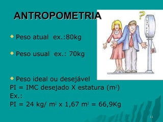 ANTROPOMETRIA


Peso atual ex.:80kg



Peso usual ex.: 70kg

Peso ideal ou desejável
PI = IMC desejado X estatura (m2)
Ex.:
PI = 24 kg/ m2 x 1,67 m2 = 66,9Kg


11

 