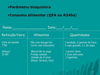 •Parâmetro bioquímico
•Consumo alimentar (QFA ou R24hs)
Nome:________________ Data:___/___/___
Refeição/Hora

Alimentos

Quantidades

Café da manhã
7:00

Pão com margarina
Leite com chocolate

1 unidade, 2 pontas de faca
1 copo grande, 1 c de sopa

Almoço
12:00

Macarrão ao sugo
Frango assado
Salada de frutas
(maça, laranja, uva)

1 prato cheio
1 coxa sem pele
1 tigelinha

16

 