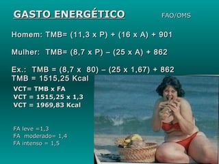 GASTO ENERGÉTICO

FAO/OMS

Homem: TMB= (11,3 x P) + (16 x A) + 901
Mulher: TMB= (8,7 x P) – (25 x A) + 862
Ex.: TMB = (8,7 x 80) – (25 x 1,67) + 862
TMB = 1515,25 Kcal
VCT= TMB x FA
VCT = 1515,25 x 1,3
VCT = 1969,83 Kcal

FA leve =1,3
FA moderado= 1,4
FA intenso = 1,5
17

 