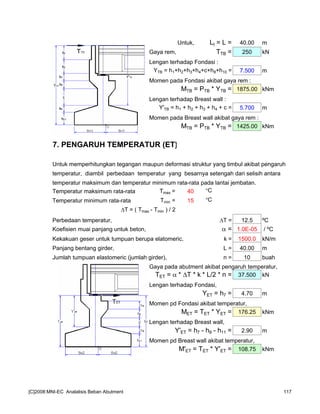 Untuk, Lt = L = 40.00 m
Gaya rem, TTB = 250 kN
Lengan terhadap Fondasi :
YTB = h1+h2+h3+h4+c+h8+h10 = 7.500 m
Momen pada Fondasi akibat gaya rem :
MTB = PTB * YTB = 1875.00 kNm
Lengan terhadap Breast wall :
Y'TB = h1 + h2 + h3 + h4 + c = 5.700 m
Momen pada Breast wall akibat gaya rem :
MTB = PTB * YTB = 1425.00 kNm
7. PENGARUH TEMPERATUR (ET)
Untuk memperhitungkan tegangan maupun deformasi struktur yang timbul akibat pengaruh
temperatur, diambil perbedaan temperatur yang besarnya setengah dari selisih antara
temperatur maksimum dan temperatur minimum rata-rata pada lantai jembatan.
Temperatur maksimum rata-rata Tmax = 40 °C
Temperatur minimum rata-rata Tmin = 15 °C
T = ( Tmax - Tmin ) / 2
Perbedaan temperatur, T = 12.5 ºC
Koefisien muai panjang untuk beton, α = 1.0E-05 / ºC
Kekakuan geser untuk tumpuan berupa elatomeric, k = 1500.0 kN/m
Panjang bentang girder, L = 40.00 m
Jumlah tumpuan elastomeric (jumlah girder), n = 10 buah
Gaya pada abutment akibat pengaruh temperatur,
TET = α * T * k * L/2 * n = 37.500 kN
Lengan terhadap Fondasi,
YET = h7 = 4.70 m
Momen pd Fondasi akibat temperatur,
MET = TET * YET = 176.25 kNm
Lengan terhadap Breast wall,
Y'ET = h7 - h9 - h11 = 2.90 m
Momen pd Breast wall akibat temperatur,
M'ET = TET * Y'ET = 108.75 kNm
[C]2008:MNI-EC Analalisis Beban Abutment 117
 
