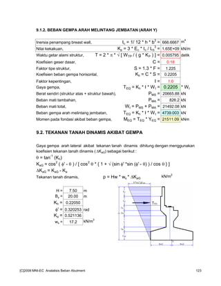 9.1.2. BEBAN GEMPA ARAH MELINTANG JEMBATAN (ARAH Y)
Inersia penampang breast wall, Ic = 1/ 12 * h * b3
= 666.6667 m4
Nilai kekakuan, Kp = 3 * Ec * Ic / Lb
3
= 1.65E+09 kN/m
Waktu getar alami struktur, T = 2 * π * √ [ WTP / ( g * KP ) ] = 0.005795 detik
Koefisien geser dasar, C = 0.18
Faktor tipe struktur, S = 1.3 * F = 1.225
Koefisien beban gempa horisontal, Kh = C * S = 0.2205
Faktor kepentingan, I = 1.0
Gaya gempa, TEQ = Kh * I * Wt = 0.2205 * Wt
Berat sendiri (struktur atas + struktur bawah), PMS = 20665.88 kN
Beban mati tambahan, PMA = 826.2 kN
Beban mati total, Wt = PMS + PMA = 21492.08 kN
Beban gempa arah melintang jembatan, TEQ = Kh * I * Wt = 4739.003 kN
Momen pada fondasi akibat beban gempa, MEQ = TEQ * YEQ = 21511.09 kNm
9.2. TEKANAN TANAH DINAMIS AKIBAT GEMPA
Gaya gempa arah lateral akibat tekanan tanah dinamis dihitung dengan menggunakan
koefisien tekanan tanah dinamis ( KaG) sebagai berikut :
θ = tan-1
(Kh)
KaG = cos2
( φ' - θ ) / [ cos2
θ * { 1 + √ (sin φ' *sin (φ' - θ) ) / cos θ } ]
KaG = KaG - Ka
Tekanan tanah dinamis, p = Hw * ws * KaG
kN/m2
H = 7.50 m
By = 20.00 m
Kh = 0.22050
φ' = 0.320253 rad
Ka = 0.521136
ws = 17.2 kN/m3
[C]2008:MNI-EC Analalisis Beban Abutment 123
 