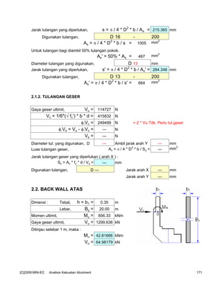 Jarak tulangan yang diperlukan, s = π / 4 * D2
* b / As = 215.365 mm
Digunakan tulangan, D 16 - 200
As = π / 4 * D2
* b / s = 1005 mm2
Untuk tulangan bagi diambil 50% tulangan pokok.
As' = 50% * As = 467 mm
2
Diameter tulangan yang digunakan, D 13 mm
Jarak tulangan yang diperlukan, s' = π / 4 * D2
* b / As' = 284.348 mm
Digunakan tulangan, D 13 - 200
As' = π / 4 * D2
* b / s' = 664 mm
2
2.1.2. TULANGAN GESER
Gaya geser ultimit, Vu = 114727 N
Vc = 1/6*(√ fc') * b * d = 415832 N
φ.Vc = 249499 N > 2 * Vu Tdk. Perlu tul.geser
φ.Vs = Vu - φ.Vc = --- N
Vs = --- N
Diameter tul. yang digunakan, D --- Ambil jarak arah Y --- mm
Luas tulangan geser, Av = π / 4 * D2
* b / Sy = --- mm2
Jarak tulangan geser yang diperlukan ( arah X ) :
Sx = Av * fy * d / Vs = --- mm
Digunakan tulangan, D --- Jarak arah X --- mm
Jarak arah Y --- mm
2.2. BACK WALL ATAS
Dimensi : Tebal, h = b1 = 0.35 m
Lebar, By = 20.00 m
Momen ultimit, Mu = 856.33 kNm
Gaya geser ultimit, Vu = 1299.636 kN
Ditinjau selebar 1 m, maka :
Mu = 42.81666 kNm
Vu = 64.98179 kN
[C]2008:MNI-EC Analisis Kekuatan Abutment 171
 
