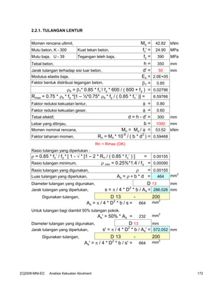 2.2.1. TULANGAN LENTUR
Momen rencana ultimit, Mu = 42.82 kNm
Mutu beton, K - 300 Kuat tekan beton, fc' = 24.90 MPa
Mutu baja, U - 39 Tegangan leleh baja, fy = 390 MPa
Tebal beton, h = 350 mm
Jarak tulangan terhadap sisi luar beton, d' = 50 mm
Modulus elastis baja, Es = 2.0E+05
Faktor bentuk distribusi tegangan beton, β1 = 0.85
ρb = β1* 0.85 * fc’/ fy * 600 / ( 600 + fy ) = 0.02796
Rmax = 0.75 * ρb * fy *[1 – ½*0.75* ρb * fy / ( 0.85 * fc’ )] = 6.59766
Faktor reduksi kekuatan lentur, φ = 0.80
Faktor reduksi kekuatan geser, φ = 0.60
Tebal efektif, d = h - d' = 300 mm
Lebar yang ditinjau, b = 1000 mm
Momen nominal rencana, Mn = Mu / φ = 53.52 kNm
Faktor tahanan momen, Rn = Mn * 10-6
/ ( b * d2
) = 0.59468
Rn < Rmax (OK)
Rasio tulangan yang diperlukan :
ρ = 0.85 * fc’ / fy * [ 1 - √ * [1 – 2 * Rn / ( 0.85 * fc’ ) ] = 0.00155
Rasio tulangan minimum, ρ min = 0.25%*1.4 / fy = 0.00090
Rasio tulangan yang digunakan, ρ = 0.00155
Luas tulangan yang diperlukan, As = ρ ∗ b * d = 464 mm2
Diameter tulangan yang digunakan, D 13 mm
Jarak tulangan yang diperlukan, s = π / 4 * D2
* b / As = 286.026 mm
Digunakan tulangan, D 13 - 200
As = π / 4 * D2
* b / s = 664 mm2
Untuk tulangan bagi diambil 50% tulangan pokok.
As' = 50% * As = 232 mm
2
Diameter tulangan yang digunakan, D 13 mm
Jarak tulangan yang diperlukan, s' = π / 4 * D2
* b / As' = 572.052 mm
Digunakan tulangan, D 13 - 200
As' = π / 4 * D2
* b / s' = 664 mm
2
[C]2008:MNI-EC Analisis Kekuatan Abutment 172
 