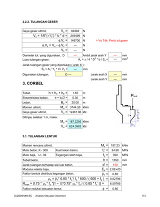 2.2.2. TULANGAN GESER
Gaya geser ultimit, Vu = 64982 N
Vc = 1/6*(√ fc') * b * d = 249499 N
φ.Vc = 149700 N > Vu Tdk. Perlu tul.geser
φ.Vs = Vu - φ.Vc = --- N
Vs = --- N
Diameter tul. yang digunakan, D --- Ambil jarak arah Y --- mm
Luas tulangan geser, Av = π / 4 * D2
* b / Sy = --- mm2
Jarak tulangan geser yang diperlukan ( arah X ) :
Sx = Av * fy * d / Vs = --- mm
Digunakan tulangan, D --- Jarak arah X --- mm
Jarak arah Y --- mm
3. CORBEL
Tebal, h = h5 + h6 = 1.55 m
Eksentrisitas beban, e = b5/2 = 0.30 m
Lebar, By = 20.00 m
Momen ultimit, Mu = 3744.59 kNm
Gaya geser ultimit, Vu = 12481.96 kN
Ditinjau selebar 1 m, maka :
Mu = 187.2295 kNm
Vu = 624.0982 kN
3.1. TULANGAN LENTUR
Momen rencana ultimit, Mu = 187.23 kNm
Mutu beton, K - 300 Kuat tekan beton, fc' = 24.90 MPa
Mutu baja, U - 39 Tegangan leleh baja, fy = 390 MPa
Tebal beton, h = 1550 mm
Jarak tulangan terhadap sisi luar beton, d' = 150 mm
Modulus elastis baja, Es = 2.0E+05
Faktor bentuk distribusi tegangan beton, β1 = 0.85
ρb = β1* 0.85 * fc’/ fy * 600 / ( 600 + fy ) = 0.02796
Rmax = 0.75 * ρb * fy *[1 – ½*0.75* ρb * fy / ( 0.85 * fc’ )] = 6.59766
Faktor reduksi kekuatan lentur, φ = 0.80
[C]2008:MNI-EC Analisis Kekuatan Abutment 173
 