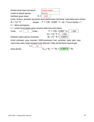Kondisi tanah dasar termasuk : Tanah Lunak
Lokasi di wilayah gempa : Zone 6
Koefisien geser dasar, C = 0.07
Untuk struktur jembatan dg daerah sendi plastis beton bertulang, maka faktor jenis struktur
S = 1.0 * F dengan, F = 1.25 - 0.025 * n dan F harus diambil ≥ 1
F = faktor perangkaan,
n = jumlah sendi plastis yang menahan deformasi arah lateral.
Untuk, n = 1 maka : F = 1.25 - 0.025 * n = 1.225
S = 1.0 * F = 1.225
Koefisien beban gempa horisontal, Kh = C * S = 0.08575
Untuk jembatan yang memuat > 2000 kendaraan / hari, jembatan pada jalan raya
utama atau arteri, tetapi terdapat route alternatif, maka diambil faktor kepentingan,
I = 1.0
Gaya gempa, TEQ = Kh * I * Wt = 0.08575 * Wt
[C]2010-MNI : Analalisis Beban Abutment 16
 