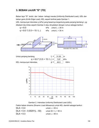 3. BEBAN LAJUR "D" (TD)
Beban lajur "D" terdiri dari beban terbagi merata (Uniformly Distributed Load), UDL dan
beban garis (Knife Edge Load), KEL seperti terlihat pada Gambar 1.
UDL mempunyai intensitas q (kPa) yang besarnya tergantung pada panjang bentang L yg
dibebani lalu-lintas seperti Gambar 2 atau dinyatakan dengan rumus sebagai berikut :
q = 8.0 kPa untuk L ≤ 30 m
q = 8.0 *( 0.5 + 15 / L ) kPa untuk L > 30 m
Untuk panjang bentang, L = 31.00 m
q = 8.0 *( 0.5 + 15 / L ) = 7.87 kPa
KEL mempunyai intensitas, p = 44.0 kN/m
Gambar 2. Intensitas Uniformly Distributed Load (UDL)
Faktor beban dinamis (Dinamic Load Allowance) untuk KEL diambil sebagai berikut :
DLA = 0.4 untuk L ≤ 50 m
DLA = 0.4 - 0.0025*(L - 50) untuk 50 < L < 90 m
DLA = 0.3 untuk L ≥ 90 m
0
1
2
3
4
5
6
7
8
9
10
0 10 20 30 40 50 60 70 80 90 100
L (m)
q(kPa)
[C]2008:MNI-EC Analalisis Beban Pier 188
 