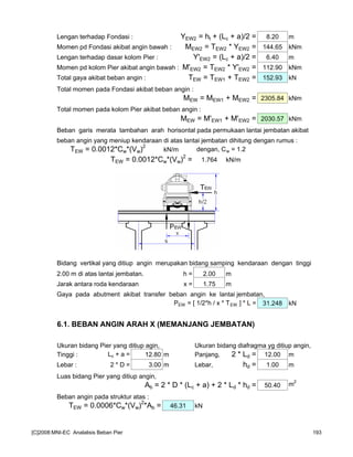 Lengan terhadap Fondasi : YEW2 = ht + (Lc + a)/2 = 8.20 m
Momen pd Fondasi akibat angin bawah : MEW2 = TEW2 * YEW2 = 144.65 kNm
Lengan terhadap dasar kolom Pier : Y'EW2 = (Lc + a)/2 = 6.40 m
Momen pd kolom Pier akibat angin bawah : M'EW2 = TEW2 * Y'EW2 = 112.90 kNm
Total gaya akibat beban angin : TEW = TEW1 + TEW2 = 152.93 kN
Total momen pada Fondasi akibat beban angin :
MEW = MEW1 + MEW2 = 2305.84 kNm
Total momen pada kolom Pier akibat beban angin :
MEW = M'EW1 + M'EW2 = 2030.57 kNm
Beban garis merata tambahan arah horisontal pada permukaan lantai jembatan akibat
beban angin yang meniup kendaraan di atas lantai jembatan dihitung dengan rumus :
TEW = 0.0012*Cw*(Vw)
2
kN/m dengan, Cw = 1.2
TEW = 0.0012*Cw*(Vw)
2
= 1.764 kN/m
Bidang vertikal yang ditiup angin merupakan bidang samping kendaraan dengan tinggi
2.00 m di atas lantai jembatan. h = 2.00 m
Jarak antara roda kendaraan x = 1.75 m
Gaya pada abutment akibat transfer beban angin ke lantai jembatan,
PEW = [ 1/2*h / x * TEW ] * L = 31.248 kN
6.1. BEBAN ANGIN ARAH X (MEMANJANG JEMBATAN)
Ukuran bidang Pier yang ditiup agin, Ukuran bidang diafragma yg ditiup angin,
Tinggi : Lc + a = 12.80 m Panjang, 2 * Ld = 12.00 m
Lebar : 2 * D = 3.00 m Lebar, hd = 1.00 m
Luas bidang Pier yang ditiup angin,
Ab = 2 * D * (Lc + a) + 2 * Ld * hd = 50.40 m2
Beban angin pada struktur atas :
TEW = 0.0006*Cw*(Vw)
2
*Ab = 46.31 kN
[C]2008:MNI-EC Analalisis Beban Pier 193
 