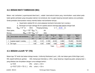4.2. BEBAN MATI TAMBAHAN (MA)
Beban mati tambahan ( superimposed dead load ), adalah berat seluruh bahan yang menimbulkan suatu beban pada
balok (girder) jembatan yang merupakan elemen non-struktural, dan mungkin besarnya berubah selama umur jembatan.
Girder jembatan direncanakan mampu memikul beban mati tambahan berupa :
a. Aspal beton setebal 50 mm untuk pelapisan kembali di kemudian hari (overlay ).
b. Genangan air hujan setinggi 50 mm apabila saluran drainase tidak bekerja dengan baik
Beban, QMA = A * w kN/m Panjang bentang, L = 40.00 m
Gaya geser, VMA = 1/2 * QMA * L kN
Momen, MMA = 1/8 * QMA * L2
kNm
Lebar Tebal Luas Berat sat Beban Geser Momen
No Jenis beban mati tambahan b h A w QMA VMA MMA
(m) (m) (m2
) (kN/m3
) (kN/m) (kN) (kNm)
1 Lapisan aspal + overlay 1.80 0.10 0.180 22.00 3.960 79.200 792.000
2 Air hujan 1.80 0.05 0.090 9.80 0.882 17.640 176.400
Total : 4.842 96.840 968.400
4.3. BEBAN LAJUR "D" (TD)
Beban lajur "D" terdiri dari beban terbagi merata ( Uniformly Distributed Load ), UDL dan beban garis (Knife Edge Load ),
KEL seperti terlihat pd. gambar. UDL mempunyai intensitas q ( kPa ) yang besarnya tergantung pada panjang total L
yang dibebani dan dinyatakan dengan rumus sebagai berikut :
q = 8.0 kPa untuk L ≤ 30 m
q = 8.0 *( 0.5 + 15 / L ) kPa untuk L > 30 m
[C]2008 : MNI-EC Perhitungan Balok Prategang 33
 