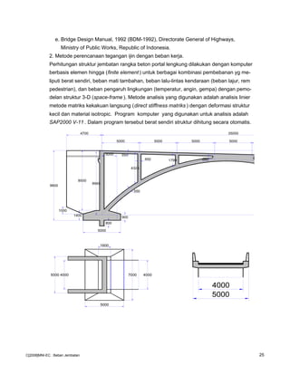 e. Bridge Design Manual, 1992 (BDM-1992), Directorate General of Highways,
Ministry of Public Works, Republic of Indonesia.
2. Metode perencanaan tegangan ijin dengan beban kerja.
Perhitungan struktur jembatan rangka beton portal lengkung dilakukan dengan komputer
berbasis elemen hingga (finite element ) untuk berbagai kombinasi pembebanan yg me-
liputi berat sendiri, beban mati tambahan, beban lalu-lintas kendaraan (beban lajur, rem
pedestrian), dan beban pengaruh lingkungan (temperatur, angin, gempa) dengan pemo-
delan struktur 3-D (space-frame ). Metode analisis yang digunakan adalah analisis linier
metode matriks kekakuan langsung (direct stiffness matriks ) dengan deformasi struktur
kecil dan material isotropic. Program komputer yang digunakan untuk analisis adalah
SAP2000 V-11 . Dalam program tersebut berat sendiri struktur dihitung secara otomatis.
4000
5000
8500
1400
5000 5000 5000 5000
35000
4325
1799 666 729
8965
1000
9900
4700
900
450
550
3505000
5000
800
5000 4000 7000 4000
5000
1600
C[2008]MNI-EC : Beban Jembatan 25
 