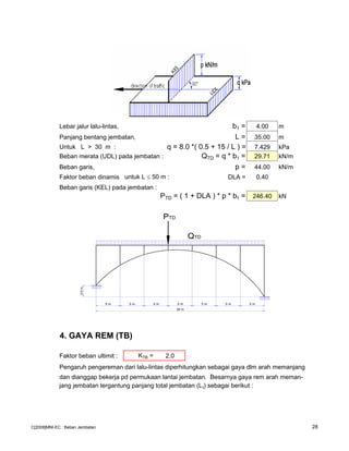 Lebar jalur lalu-lintas, b1 = 4.00 m
Panjang bentang jembatan, L = 35.00 m
Untuk L > 30 m : q = 8.0 *( 0.5 + 15 / L ) = 7.429 kPa
Beban merata (UDL) pada jembatan : QTD = q * b1 = 29.71 kN/m
Beban garis, p = 44.00 kN/m
Faktor beban dinamis untuk L ≤ 50 m : DLA = 0.40
Beban garis (KEL) pada jembatan :
PTD = ( 1 + DLA ) * p * b1 = 246.40 kN
4. GAYA REM (TB)
Faktor beban ultimit : KTB = 2.0
Pengaruh pengereman dari lalu-lintas diperhitungkan sebagai gaya dlm arah memanjang
dan dianggap bekerja pd permukaan lantai jembatan. Besarnya gaya rem arah meman-
jang jembatan tergantung panjang total jembatan (Lt) sebagai berikut :
QTD
5 m5 m5 m5 m5 m5 m5 m
2.5m
35 m
PTD
C[2008]MNI-EC : Beban Jembatan 28
 