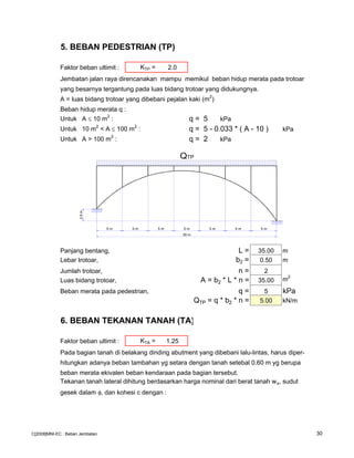 5. BEBAN PEDESTRIAN (TP)
Faktor beban ultimit : KTP = 2.0
Jembatan jalan raya direncanakan mampu memikul beban hidup merata pada trotoar
yang besarnya tergantung pada luas bidang trotoar yang didukungnya.
A = luas bidang trotoar yang dibebani pejalan kaki (m2
)
Beban hidup merata q :
Untuk A ≤ 10 m2
: q = 5 kPa
Untuk 10 m2
< A ≤ 100 m2
: q = 5 - 0.033 * ( A - 10 ) kPa
Untuk A > 100 m2
: q = 2 kPa
Panjang bentang, L = 35.00 m
Lebar trotoar, b2 = 0.50 m
Jumlah trotoar, n = 2
Luas bidang trotoar, A = b2 * L * n = 35.00 m2
Beban merata pada pedestrian, q = 5 kPa
QTP = q * b2 * n = 5.00 kN/m
6. BEBAN TEKANAN TANAH (TA)
Faktor beban ultimit : KTA = 1.25
Pada bagian tanah di belakang dinding abutment yang dibebani lalu-lintas, harus diper-
hitungkan adanya beban tambahan yg setara dengan tanah setebal 0.60 m yg berupa
beban merata ekivalen beban kendaraan pada bagian tersebut.
Tekanan tanah lateral dihitung berdasarkan harga nominal dari berat tanah ws, sudut
gesek dalam φ, dan kohesi c dengan :
QTP
5 m5 m5 m5 m5 m5 m5 m
2.5m
35 m
C[2008]MNI-EC : Beban Jembatan 30
 