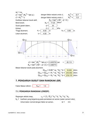 ws' = ws
φ' = tan
-1
(Kφ
R
* tan φ ) dengan faktor reduksi untuk φ', Kφ
R
= 0.7
c' = Kc
R
* c dengan faktor reduksi untuk c', Kc
R
= 1.0
Koefisien tekanan tanah aktif, Ka = tan2
( 45° - φ' / 2 )
Berat tanah, ws = 17.20 kN/m3
Sudut gesek dalam, φ = 35 °
Kohesi, C = 0 kPa
Tinggi abutment, H1 = 8.50 m H2 = 9.80 m
Lebar abutment, b = 4.00 m
φ' = tan-1
(Kφ
R
* tan φ ) = 0.455733 rad = 26.112 °
Ka = tan
2
( 45° - φ' / 2 ) = 0.388773
Beban tekanan tanah pada abutment,
QTA0 = 0.60 * ws * Ka * b = 16.049 kN/m
QTA1 = QTA0 + H1 * ws * Ka * b = 243.403 kN/m
QTA2 = QTA0 + H2 * ws * Ka * b = 278.175 kN/m
7. PENGARUH SUSUT DAN RANGKAK (SR)
Faktor Beban Ultimit : KSR = 1.0
7.1. PENGARUH RANGKAK (CREEP)
Regangan akibat creep, εcr = ( fc / Ec) * kb * kc * kd * ke * ktn
kb = koefisien yang tergantung pada pemakaian air semen (water cement ratio).
Untuk beton normal dengan faktor air semen, w = 0.5
5 m5 m5 m5 m5 m5 m5 m
2.5m
35 m
H1
H2
QTA0 QTA0
QTA1
QTA2
C[2008]MNI-EC : Beban Jembatan 31
 