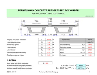 PERHITUNGAN CONCRETE PRESTRESSED BOX GIRDER
KENTUNGAN FLY OVER, YOGYAKARTA
[C]2010:MNI-BC
Panjang box girder pre-stress L 50.00 m Jenis Bahan Berat
Lebar jalur lalu lintas B 7.00 m (kN/m3
)
Jumlah box girder n 2.00 bh Beton bertulang w'c = 25.00
Lebar median bm 1.00 m Beton pre-stress wc = 25.50
Lebar trotoar bt 1.00 m Beton w"c = 24.00
Tebal lapisan aspal + overlay ta 0.10 m Aspal waspal = 22.00
Tebal genangan air hujan th 0.05 m Air hujan wair = 9.80
1. BETON
Mutu beton box girder prestress : K - 500
Kuat tekan beton box girder prestress, fc' = 0.83 * K / 10 = 41.50 MPa
Modulus elastik balok beton prestress, Ec = 0.043 *(wc)1.5
* √ fc' = 3.57E+04 MPa
MEDIANLAJUR LALU-LINTAS LAJUR LALU-LINTAS
1.00 7.00 1.00 7.00 1.00
17.00
2.50
1.75 0.75 4.00 0.75 2.50 0.75 4.00 0.75 1.75
[C]2010 : MNI-BC Perhitungan Box Girder Prategang 19
 