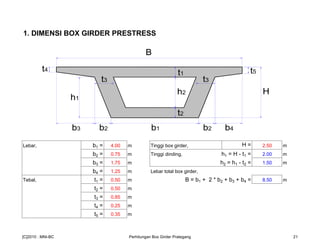 1. DIMENSI BOX GIRDER PRESTRESS
Lebar, b1 = 4.00 m Tinggi box girder, H = 2.50 m
b2 = 0.75 m Tinggi dinding, h1 = H - t1 = 2.00 m
b3 = 1.75 m h2 = h1 - t2 = 1.50 m
b4 = 1.25 m Lebar total box girder,
Tebal, t1 = 0.50 m B = b1 + 2 * b2 + b3 + b4 = 8.50 m
t2 = 0.50 m
t3 = 0.85 m
t4 = 0.25 m
t5 = 0.35 m
B
b1 b2 b4b3 b2
H
t4
t1
t2
t3 t3
h1
h2
t5
[C]2010 : MNI-BC Perhitungan Box Girder Prategang 21
 