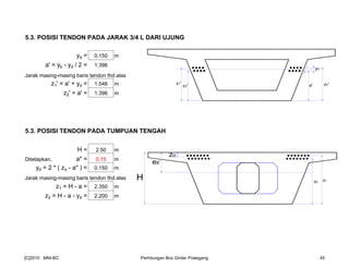 5.3. POSISI TENDON PADA JARAK 3/4 L DARI UJUNG
yd = 0.150 m
a' = yb - yd / 2 = 1.396
Jarak masing-masing baris tendon thd.alas
z1' = a' + yd = 1.546 m
z2' = a' = 1.396 m
5.3. POSISI TENDON PADA TUMPUAN TENGAH
H = 2.50 m
Ditetapkan, a" = 0.15 m
yd = 2 * ( zo - a" ) = 0.150 m
Jarak masing-masing baris tendon thd.alas
z1 = H - a = 2.350 m
z2 = H - a - yd = 2.200 m
z1'
z2'
yd
1
2
zo'a'
H
zo
es'
z1z2
[C]2010 : MNI-BC Perhitungan Box Girder Prategang 45
 