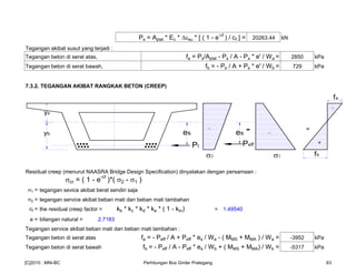 Ps = Aplat * Ec * εsu * [ ( 1 - e-cf
) / cf ] = 20263.44 kN
Tegangan akibat susut yang terjadi :
Tegangan beton di serat atas, fa = Ps/Aplat - Ps / A - Ps * e' / Wa = 2850 kPa
Tegangan beton di serat bawah, fb = - Ps / A + Ps * e' / Wb = 729 kPa
7.3.2. TEGANGAN AKIBAT RANGKAK BETON (CREEP)
Residual creep (menurut NAASRA Bridge Design Specification) dinyatakan dengan persamaan :
σcr = ( 1 - e-cf
)*( σ2 - σ1 )
σ1 = tegangan sevice akibat berat sendiri saja
σ2 = tegangan service akibat beban mati dan beban mati tambahan
cf = the residual creep factor = kb * kc * kd * ke * ( 1 - ktn) = 1.49540
e = bilangan natural = 2.7183
Tegangan service akibat beban mati dan beban mati tambahan :
Tegangan beton di serat atas fa = - Peff / A + Peff * es / Wa - ( MMS + MMA ) / Wa = -3952 kPa
Tegangan beton di serat bawah fb = - Peff / A - Peff * es / Wb + ( MMS + MMA) / Wb = -5317 kPa
=-
fbσ2 σ1
-
+
-
-
Pt
esyb
ya
Peff
es
fa
[C]2010 : MNI-BC Perhitungan Box Girder Prategang 63
 