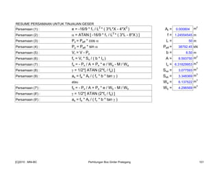 RESUME PERSAMAAN UNTUK TINJAUAN GESER
Persamaan (1) : e = -16/9 * f1 / L2
* ( 3*L*X - 4*X2
) At = 0.000804 m
2
Persamaan (2) : α = ATAN [ -16/9 * f1 / L2
* ( 3*L - 8*X ) ] f = 1.24554545 m
Persamaan (3) : Px = Peff * cos α L = 50 m
Persamaan (4) : Py = Peff * sin α Peff = 38792.45 kN
Persamaan (5) : Vr = V - Py b = 8.50 m
Persamaan (6) : fv = Vr * Sx / ( b * Ix ) A = 8.593750 m
2
Persamaan (7) : fa = - Px / A + Px * e / Wa - M / Wa Ix = 6.31829953 m
4
Persamaan (8) : γ = 1/2*[ ATAN (2*fv / fa) ] Sxa = 3.077593 m3
Persamaan (9) : as = fa * At / ( fv * b * tan γ ) Sxb = 3.348369 m
3
atau Wa = 6.137522 m
3
Persamaan (7') : fb = - Px / A + Px * e / Wb - M / Wb Wb = 4.296569 m
3
Persamaan (8') : γ = 1/2*[ ATAN (2*fv / fb) ]
Persamaan (9') : as = fb * At / ( fv * b * tan γ )
[C]2010 : MNI-BC Perhitungan Box Girder Prategang 101
 