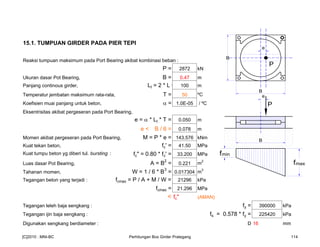 15.1. TUMPUAN GIRDER PADA PIER TEPI
Reaksi tumpuan maksimum pada Port Bearing akibat kombinasi beban :
P = 2872 kN
Ukuran dasar Pot Bearing, B = 0.47 m
Panjang continous girder, Lt = 2 * L = 100 m
Temperatur jembatan maksimum rata-rata, T = 50 ºC
Koefisien muai panjang untuk beton, α = 1.0E-05 / ºC
Eksentrisitas akibat pergeseran pada Port Bearing,
e = α * Lt * T = 0.050 m
e < B / 6 = 0.078 m
Momen akibat pergeseran pada Port Bearing, M = P * e = 143.576 kNm
Kuat tekan beton, fc' = 41.50 MPa
Kuat tumpu beton yg diberi tul. bursting : fc" = 0.80 * fc' = 33.200 MPa
Luas dasar Pot Bearing, A = B2
= 0.221 m
2
Tahanan momen, W = 1 / 6 * B3
= 0.017304 m3
Tegangan beton yang terjadi : fcmax = P / A + M / W = 21296 kPa
fcmax = 21.296 MPa
< fc" (AMAN)
Tegangan leleh baja sengkang : fy = 390000 kPa
Tegangan ijin baja sengkang : fs = 0.578 * fy = 225420 kPa
Digunakan sengkang berdiameter : D 16 mm
B
B
P
e
B
fmax
fmin
e
P
[C]2010 : MNI-BC Perhitungan Box Girder Prategang 114
 