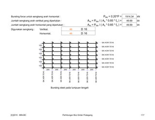 Bursting force untuk sengkang arah horisontal : Pbtb = 0.20*P = 1914.34 kN
Jumlah sengkang arah vertikal yang diperlukan : Ara = Pbta / ( As * 0.85 * fs ) = 49.69 bh
Jumlah sengkang arah horisontal yang diperlukan : Arb = Pbtb / ( As * 0.85 * fs ) = 49.69 bh
Digunakan sengkang : Vertikal, 49 D 16
Horisontal, 49 D 16
Bursting steel pada tumpuan tengah
SK.VER7D16
200 200 200
SK.HOR 7D16
200 200 200
100
100
100
100
100
100
SK.VER7D16
SK.VER7D16
SK.VER7D16
SK.VER7D16
SK.VER7D16
SK.VER7D16
SK.HOR 7D16
SK.HOR 7D16
SK.HOR 7D16
SK.HOR 7D16
SK.HOR 7D16
SK.HOR 7D16
[C]2010 : MNI-BC Perhitungan Box Girder Prategang 117
 
