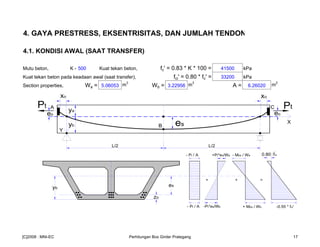 4. GAYA PRESTRESS, EKSENTRISITAS, DAN JUMLAH TENDON
4.1. KONDISI AWAL (SAAT TRANSFER)
Mutu beton, K - 500 Kuat tekan beton, fc' = 0.83 * K * 100 = 41500 kPa
Kuat tekan beton pada keadaan awal (saat transfer), fci' = 0.80 * fc' = 33200 kPa
Section properties, Wa = 5.06053 m
3
Wb = 3.22956 m
3
A = 6.26020 m
2
L/2 L/2
esyb
ya
X
Y
A
B
C
xo
eo eo
xo
PtPt
- Pt / A - Mbs / Wa
+ Mbs / Wb -0.55 * fci'- Pt / A
+ =
es
yb
0.80 fci
+
+Pt*es/Wa
-Pt*es/Wb
zo
[C]2008 : MNI-EC Perhitungan Box Girder Prategang 17
 