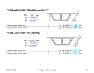 7.5. TEGANGAN AKIBAT BEBAN PEJALAN KAKI (TP)
MTP = 669.1 kNm
Wa = 5.06053 m
3
Wb = 3.22956 m
3
Tegangan beton di serat atas fa = - MTP / Wa = -132 kPa
Tegangan beton di serat bawah fb = MTP / Wb = 207 kPa
7.6. TEGANGAN AKIBAT GAYA REM (TB)
MTB = 359.24 kNm
Wa = 5.06053 m
3
Wb = 3.22956 m
3
Tegangan beton di serat atas fa = - MTB / Wa = -71 kPa
Tegangan beton di serat bawah fb = MTB / Wb = 111 kPa
[C]2008 : MNI-EC Perhitungan Box Girder Prategang 39
 