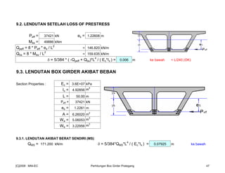 9.2. LENDUTAN SETELAH LOSS OF PRESTRESS
Peff = 37421 kN es = 1.22608 m
Mbs = 49886 kNm
Qpeff = 8 * Peff * es / L2
= 146.820 kN/m
Qbs = 8 * Mbs / L2
= 159.635 kN/m
δ = 5/384 * ( -Qpeff + Qbs)*L4
/ ( Ec*Ix ) = 0.006 m ke bawah < L/240 (OK)
9.3. LENDUTAN BOX GIRDER AKIBAT BEBAN
Section Properties : Ec = 3.6E+07 kPa
Ix = 4.92856 m
4
L = 50.00 m
Peff = 37421 kN
es = 1.2261 m
A = 6.26020 m
2
Wa = 5.06053 m3
Wb = 3.22956 m3
9.3.1. LENDUTAN AKIBAT BERAT SENDIRI (MS)
QMS = 171.200 kN/m δ = 5/384*QMS*L4
/ ( Ec*Ix ) = 0.07925 m ke bawah
[C]2008 : MNI-EC Perhitungan Box Girder Prategang 47
 
