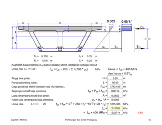 B1 = 6.250 m t1 = 0.35 m
B2 = 1.000 m t2 = 0.25 m
Kuat leleh baja prestress (fps) pada keadaan ultimit, ditetapkan sebagai berikut :
Untuk nilai L / H ≤ 35 : fps = feff + 250 + fc' / (100 * ρp) MPa harus < feff + 400 MPa
dan harus < 0.8*fpy
Tinggi box girder, H = 2.50 m
Panjang bentang balok, L = 50.00 m
Gaya prestress efektif (setelah loss of prestress), Peff = 37421.09 kN
Tegangan efektif baja prestress, feff = Peff / Aps = 902714 kPa
Luas penampang brutto box girder, A = 6.2602 m
2
Rasio luas penampang baja prestress, ρp = Aps / A = 0.0066
Untuk nilai, L / H = 20 fps = feff *10-3
+ 250 + fc' *10-3
/ (100 * ρp) = 1215.385 MPa
fps = 1215385 kPa
< feff + 400 MPa = 1302714 kPa (OK)
[C]2008 : MNI-EC Perhitungan Box Girder Prategang 52
 