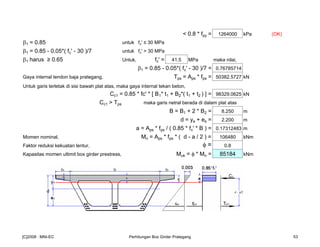 < 0.8 * fpy = 1264000 kPa (OK)
β1 = 0.85 untuk fc' ≤ 30 MPa
β1 = 0.85 - 0.05*( fc' - 30 )/7 untuk fc' > 30 MPa
β1 harus ≥ 0.65 Untuk, fc' = 41.5 MPa maka nilai,
β1 = 0.85 - 0.05*( fc' - 30 )/7 = 0.76785714
Gaya internal tendon baja prategang, Tps = Aps * fps = 50382.5727 kN
Untuk garis terletak di sisi bawah plat atas, maka gaya internal tekan beton,
Cc1 = 0.85 * fc' * [ B1* t1 + B2*( t1 + t2 ) ] = 98329.0625 kN
Cc1 > Tps maka garis netral berada di dalam plat atas
B = B1 + 2 * B2 = 8.250 m
d = ya + es = 2.200 m
a = Aps * fps / ( 0.85 * fc' * B ) = 0.17312483 m
Momen nominal, Mn = Aps * fps * ( d - a / 2 ) = 106480 kNm
Faktor reduksi kekuatan lentur, φ = 0.8
Kapasitas momen ultimit box girder prestress, Muk = φ * Mn = 85184 kNm
[C]2008 : MNI-EC Perhitungan Box Girder Prategang 53
 