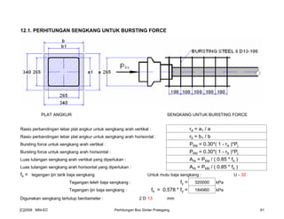 12.1. PERHITUNGAN SENGKANG UNTUK BURSTING FORCE
PLAT ANGKUR SENGKANG UNTUK BURSTING FORCE
Rasio perbandingan lebar plat angkur untuk sengkang arah vertikal : ra = a1 / a
Rasio perbandingan lebar plat angkur untuk sengkang arah horisontal : rb = b1 / b
Bursting force untuk sengkang arah vertikal : Pbta = 0.30*( 1 - ra )*Pj
Bursting force untuk sengkang arah horisontal : Pbtb = 0.30*( 1 - rb )*Pj
Luas tulangan sengkang arah vertikal yang diperlukan : Ara = Pbta / ( 0.85 * fs )
Luas tulangan sengkang arah horisontal yang diperlukan : Arb = Pbtb / ( 0.85 * fs )
fs = tegangan ijin tarik baja sengkang Untuk mutu baja sengkang : U - 32
Tegangan leleh baja sengkang : fy = 320000 kPa
Tegangan ijin baja sengkang : fs = 0.578 * fy = 184960 kPa
Digunakan sengkang tertutup berdiameter : 2 D 13 mm
[C]2008 : MNI-EC Perhitungan Box Girder Prategang 61
 