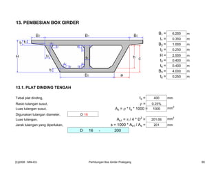 13. PEMBESIAN BOX GIRDER
B1 = 6.250 m
t1 = 0.350 m
B2 = 1.000 m
t2 = 0.250 m
H = 2.500 m
t3 = 0.400 m
t4 = 0.400 m
B3 = 4.000 m
t5 = 0.250 m
13.1. PLAT DINDING TENGAH
Tebal plat dinding, t3 = 400 mm
Rasio tulangan susut, ρ = 0.25%
Luas tulangan susut, As = ρ * t3 * 1000 = 1000 mm2
Digunakan tulangan diameter, D 16
Luas tulangan, As1 = π / 4 * D2
= 201.06 mm
2
Jarak tulangan yang diperlukan, s = 1000 * As1 / As = 201 mm
D 16 - 200
[C]2008 : MNI-EC Perhitungan Box Girder Prategang 69
 