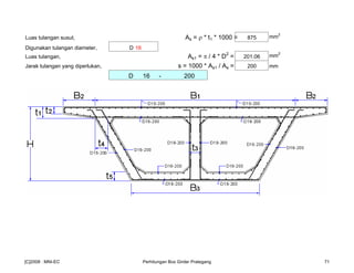 Luas tulangan susut, As = ρ * t1 * 1000 = 875 mm
2
Digunakan tulangan diameter, D 16
Luas tulangan, As1 = π / 4 * D2
= 201.06 mm
2
Jarak tulangan yang diperlukan, s = 1000 * As1 / As = 200 mm
D 16 - 200
[C]2008 : MNI-EC Perhitungan Box Girder Prategang 71
 