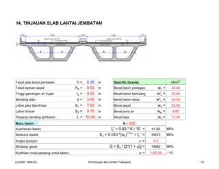 14. TINJAUAN SLAB LANTAI JEMBATAN
Tebal slab lantai jembatan h = 0.35 m Specific Gravity kN/m
3
Tebal lapisan aspal ha = 0.05 m Berat beton prategang wc = 25.50
Tinggi genangan air hujan th = 0.05 m Berat beton bertulang w'c = 25.00
Bentang slab s = 3.00 m Berat beton rabat w"c = 24.00
Lebar jalur lalu-lintas b1 = 7.00 m Berat aspal wa = 22.00
Lebar trotoar b2 = 0.75 m Berat jenis air ww = 9.80
Panjang bentang jembatan L = 50.00 m Berat baja ws = 77.00
Mutu beton : K - 500
Kuat tekan beton fc' = 0.83 * K / 10 = 41.50 MPa
Modulus elastik Ec = 0.043 *(wc)1.5
* √ fc' = 35670 MPa
Angka poisson υ = 0.2
Modulus geser G = Ec / [2*(1 + u)] = 14862 MPa
Koefisien muai panjang untuk beton, α = 1.0E-05 / ºC
[C]2008 : MNI-EC Perhitungan Box Girder Prategang 72
 