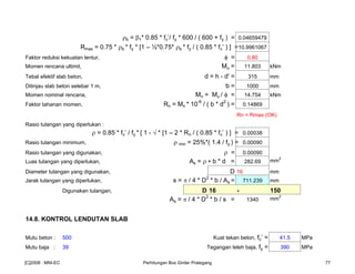 ρb = β1* 0.85 * fc’/ fy * 600 / ( 600 + fy ) = 0.04659479
Rmax = 0.75 * ρb * fy * [1 – ½*0.75* ρb * fy / ( 0.85 * fc’ ) ] =10.9961067
Faktor reduksi kekuatan lentur, φ = 0.80
Momen rencana ultimit, Mu = 11.803 kNm
Tebal efektif slab beton, d = h - d' = 315 mm
Ditinjau slab beton selebar 1 m, b = 1000 mm
Momen nominal rencana, Mn = Mu / φ = 14.754 kNm
Faktor tahanan momen, Rn = Mn * 10-6
/ ( b * d2
) = 0.14869
Rn < Rmax (OK)
Rasio tulangan yang diperlukan :
ρ = 0.85 * fc’ / fy * [ 1 - √ * [1 – 2 * Rn / ( 0.85 * fc’ ) ] = 0.00038
Rasio tulangan minimum, ρ min = 25%*( 1.4 / fy ) = 0.00090
Rasio tulangan yang digunakan, ρ = 0.00090
Luas tulangan yang diperlukan, As = ρ ∗ b * d = 282.69 mm
2
Diameter tulangan yang digunakan, D 16 mm
Jarak tulangan yang diperlukan, s = π / 4 * D2
* b / As = 711.239 mm
Digunakan tulangan, D 16 - 150
As = π / 4 * D2
* b / s = 1340 mm2
14.8. KONTROL LENDUTAN SLAB
Mutu beton : K -500 Kuat tekan beton, fc’ = 41.5 MPa
Mutu baja : U -39 Tegangan leleh baja, fy = 390 MPa
[C]2008 : MNI-EC Perhitungan Box Girder Prategang 77
 