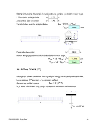 Bidang vertikal yang ditiup angin merupakan bidang samping kendaraan dengan tinggi
2.00 m di atas lantai jembatan. h = 2.00 m
Jarak antara roda kendaraan x = 1.75 m
Transfer beban angin ke lantai jembatan, QEW = [ 1/2*h / x * TEW ]
QEW = 1.008 kN/m
Panjang bentang girder, L = 12.00 m
Momen dan gaya geser maksimum akibat transfer beban angin,
MEW = 1/8 * QEW * L
2
= 18.144 kNm
VEW = 1/2 * QEW * L = 6.048 kN
5.6. BEBAN GEMPA (EQ)
Gaya gempa vertikal pada balok dihitung dengan menggunakan percepatan vertikal ke
bawah sebesar 0.1*g dengan g = percepatan grafitasi.
Gaya gempa vertikal rencana : TEW = 0.10 * Wt
Wt = Berat total struktur yang berupa berat sendiri dan beban mati tambahan.
L
QEQ
s
TEQ = 0.10*Wt
h
h/2
TEW
QEW
x
QEW
L
QEW
[C]2008:MNI-EC Girder Baja 30
 