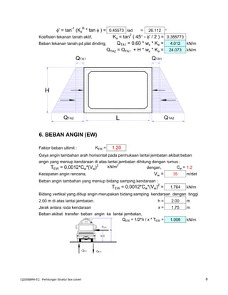 φ' = tan-1
(Kφ
R
* tan φ ) = 0.45573 rad = 26.112 °
Koefisien tekanan tanah aktif, Ka = tan
2
( 45° - φ' / 2 ) = 0.388773
Beban tekanan tanah pd plat dinding, QTA1 = 0.60 * ws * Ka = 4.012 kN/m
QTA2 = QTA1 + H * ws * Ka = 24.073 kN/m
6. BEBAN ANGIN (EW)
Faktor beban ultimit : KEW = 1.20
Gaya angin tambahan arah horisontal pada permukaan lantai jembatan akibat beban
angin yang meniup kendaraan di atas lantai jembatan dihitung dengan rumus :
TEW = 0.0012*Cw*(Vw)2
kN/m2
dengan, Cw = 1.2
Kecepatan angin rencana, Vw = 35 m/det
Beban angin tambahan yang meniup bidang samping kendaraan :
TEW = 0.0012*Cw*(Vw)
2
= 1.764 kN/m
Bidang vertikal yang ditiup angin merupakan bidang samping kendaraan dengan tinggi
2.00 m di atas lantai jembatan. h = 2.00 m
Jarak antara roda kendaraan x = 1.75 m
Beban akibat transfer beban angin ke lantai jembatan,
QEW = 1/2*h / x * TEW = 1.008 kN/m
L
H
QTA1
QTA2
QTA1
QTA2
C[2008]MNI-EC : Perhitungan Struktur Box culvert 8
 
