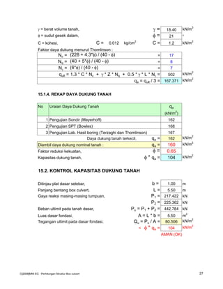 γ = berat volume tanah, γ = 18.40 kN/m3
φ = sudut gesek dalam, φ = 21 °
C = kohesi, C = 0.012 kg/cm2
C = 1.2 kN/m2
Faktor daya dukung menurut Thomlinson :
Nc = (228 + 4.3*φ) / (40 - φ) = 17
Nq = (40 + 5*φ) / (40 - φ) = 8
Nγ = (6*φ) / (40 - φ) = 7
qult = 1.3 * C * Nc + γ * Z * Nq + 0.5 * γ * L * Nγ = 502 kN/m2
qa = qult / 3 = 167.371 kN/m2
15.1.4. REKAP DAYA DUKUNG TANAH
No Uraian Daya Dukung Tanah qa
(kN/m2
)
1 Pengujian Sondir (Meyerhoff) 162
2 Pengujian SPT (Bowles) 168
3 Pengujian Lab. Hasil boring (Terzaghi dan Thomlinson) 167
Daya dukung tanah terkecil, qa = 162 kN/m2
Diambil daya dukung nominal tanah : qa = 160 kN/m2
Faktor reduksi kekuatan, φ = 0.65
Kapasitas dukung tanah, φ * qa = 104 kN/m2
15.2. KONTROL KAPASITAS DUKUNG TANAH
Ditinjau plat dasar selebar, b = 1.00 m
Panjang bentang box culvert, L = 5.50 m
Gaya reaksi masing-masing tumpuan, P1 = 217.422 kN
P2 = 225.362 kN
Beban ultimit pada tanah dasar, Pu = P1 + P2 = 442.784 kN
Luas dasar fondasi, A = L * b = 5.50 m2
Tegangan ultimit pada dasar fondasi, Qu = Pu / A = 80.506 kN/m2
< φ * qa = 104 kN/m2
AMAN (OK)
C[2008]MNI-EC : Perhitungan Struktur Box culvert 27
 