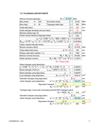 7.2. TULANGAN LENTUR POSITIF
Momen rencana lapangan : Mu = 67.970 kNm
Mutu beton : K - 300 Kuat tekan beton, fc' = 24.90 MPa
Mutu baja : U - 39 Tegangan leleh baja, fy = 390 MPa
Tebal slab beton, h = 200 mm
Jarak tulangan terhadap sisi luar beton, d' = 35 mm
Modulus elastis baja, Es Es = 2.00E+05
Faktor bentuk distribusi tegangan beton, β1 = 0.85
ρb = β1* 0.85 * fc’/ fy * 600 / ( 600 + fy ) = 0.027957
Rmax = 0.75 * ρb * fy * [1 – ½*0.75* ρb * fy / ( 0.85 * fc’ ) ] = 6.597664
Faktor reduksi kekuatan lentur, φ = 0.80
Momen rencana ultimit, Mu = 67.970 kNm
Tebal efektif slab beton, d = h - d' = 165 mm
Ditinjau slab beton selebar 1 m, b = 1000 mm
Momen nominal rencana, Mn = Mu / φ = 84.963 kNm
Faktor tahanan momen, Rn = Mn * 10-6
/ ( b * d2
) = 3.12077
Rn < Rmax (OK)
Rasio tulangan yang diperlukan :
ρ = 0.85 * fc’ / fy * [ 1 - √ * [1 – 2 * Rn / ( 0.85 * fc’ ) ] = 0.00870
Rasio tulangan minimum, ρ min = 25%*( 1.4 / fy ) = 0.00090
Rasio tulangan yang digunakan, ρ = 0.00870
Luas tulangan yang diperlukan, As = ρ ∗ b * d = 1435.37 mm2
Diameter tulangan yang digunakan, D 16 mm
Jarak tulangan yang diperlukan, s = π / 4 * D
2
* b / As = 140.077 mm
Digunakan tulangan, D 16 - 100
As = π / 4 * D
2
* b / s = 2011 mm2
Tulangan bagi / susut arah memanjang diambil 50% tulangan pokok.
As' = 50% * As = 718 mm2
Diameter tulangan yang digunakan, D 13 mm
Jarak tulangan yang diperlukan, s = π / 4 * D2
* b / As = 184.945 mm
Digunakan tulangan, D 13 - 150
As' = π / 4 * D2
* b / s = 885 mm2
C[2008]MNI-EC : Slab 11
 
