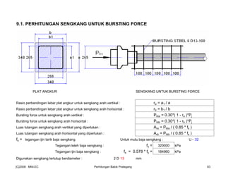 9.1. PERHITUNGAN SENGKANG UNTUK BURSTING FORCE
PLAT ANGKUR SENGKANG UNTUK BURSTING FORCE
Rasio perbandingan lebar plat angkur untuk sengkang arah vertikal : ra = a1 / a
Rasio perbandingan lebar plat angkur untuk sengkang arah horisontal : rb = b1 / b
Bursting force untuk sengkang arah vertikal : Pbta = 0.30*( 1 - ra )*Pj
Bursting force untuk sengkang arah horisontal : Pbtb = 0.30*( 1 - rb )*Pj
Luas tulangan sengkang arah vertikal yang diperlukan : Ara = Pbta / ( 0.85 * fs )
Luas tulangan sengkang arah horisontal yang diperlukan : Arb = Pbtb / ( 0.85 * fs )
fs = tegangan ijin tarik baja sengkang Untuk mutu baja sengkang : U - 32
Tegangan leleh baja sengkang : fy = 320000 kPa
Tegangan ijin baja sengkang : fs = 0.578 * fy = 184960 kPa
Digunakan sengkang tertutup berdiameter : 2 D 13 mm
[C]2008 : MNI-EC Perhitungan Balok Prategang 83
 
