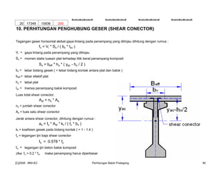 20 17349 15936 250
10. PERHITUNGAN PENGHUBUNG GESER (SHEAR CONECTOR)
Tegangan geser horisontal akibat gaya lintang pada penampang yang ditinjau dihitung dengan rumus :
fv = Vi * Sx / ( bv * Ixc )
Vi = gaya lintang pada penampang yang ditinjau
Sx = momen statis luasan plat terhadap titik berat penampang komposit
Sx = beff * ho * ( yac - ho / 2 )
bv = lebar bidang gesek ( = lebar bidang kontak antara plat dan balok )
beff = lebar efektif plat
ho = tebal plat
Ixc = Inersia penampang balok komposit
Luas total shear conector,
Ast = ns * As
ns = jumlah shear conector
As = luas satu shear conector
Jarak antara shear conector, dihitung dengan rumus :
as = fs * Ast * kt / ( fv * bv )
kf = koefisien gesek pada bidang kontak ( = 1 - 1.4 )
fs = tegangan ijin baja shear conector
fs = 0.578 * fy
fci = tegangan ijin beton balok komposit
Jika fv > 0.2 * fci maka penampang harus diperbesar
[C]2008 : MNI-EC Perhitungan Balok Prategang 90
 