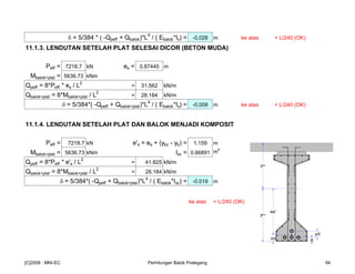 δ = 5/384 * ( -Qpeff + Qbalok)*L
4
/ ( Ebalok*Ix) = -0.028 m ke atas < L/240 (OK)
11.1.3. LENDUTAN SETELAH PLAT SELESAI DICOR (BETON MUDA)
Peff = 7218.7 kN es = 0.87445 m
Mbalok+plat = 5636.73 kNm
Qpeff = 8*Peff * es / L
2
= 31.562 kN/m
Qbalok+plat = 8*Mbalok+plat / L
2
= 28.184 kN/m
δ = 5/384*( -Qpeff + Qbalok+plat)*L
4
/ ( Ebalok*Ix) = -0.008 m ke atas < L/240 (OK)
11.1.4. LENDUTAN SETELAH PLAT DAN BALOK MENJADI KOMPOSIT
Peff = 7218.7 kN e's = es + (ybc - yb) = 1.159 m
Mbalok+plat = 5636.73 kNm Ixc = 0.66891 m4
Qpeff = 8*Peff * e's / L
2
= 41.825 kN/m
Qbalok+plat = 8*Mbalok+plat / L
2
= 28.184 kN/m
δ = 5/384*( -Qpeff + Qbalok+plat)*L
4
/ ( Ebalok*Ixc) = -0.019 m
ke atas < L/240 (OK)
es'
zo a
yd
yac
ybc
[C]2008 : MNI-EC Perhitungan Balok Prategang 94
 