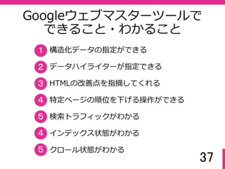 37
Googleウェブマスターツールとは
Googleに正確に検索されやすくするための無料ツール。サイトを
公開しても自動的に検索対象になるわけではないので、登録・設
定が必須である。あまり知られていないが、とても重要。
 