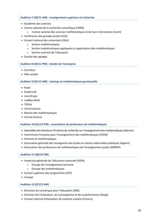 82
Audition 7 (30/11 AM) : enseignement supérieur et recherche
 Académie des sciences
 Centre national de la recherche scientifique (CNRS)
o Institut national des sciences mathématiques et de leurs interactions (Insmi)
 Conférence des grandes écoles (CGE)
 Conseil national des universités (CNU)
o Section mathématiques
o Section mathématiques appliquées et applications des mathématiques
o Section sciences de l’éducation
 Société des agrégés
Audition 8 (30/11 PM) : monde de l’entreprise
 Carrefour
 Pôle emploi
Audition 9 (01/12 AM) : startups et mathématiques grand public
 Kwyk
 EvidenceB
 LearnEnjoy
 myBlee Math
 TOPLA
 Universcience
 Maison des mathématiques
 Fermat Science
Audition 10 (01/12 PM) : associations de professeurs de mathématiques
 Assemblée des directeurs d’instituts de recherche sur l’enseignement des mathématiques (Adirem)
 Commission française pour l’enseignement des mathématiques (CFEM)
 Femmes et mathématiques
 Association générale des enseignants des écoles et classes maternelles publiques (Ageem)
 Association des professeurs de mathématiques de l'enseignement public (APMEP)
Audition 11 (06/12 PM)
 Inspection générale de l’éducation nationale (IGEN)
o Groupe de l’enseignement primaire
o Groupe des mathématiques
 Conseil supérieur des programmes (CSP)
 Canopé
Audition 12 (07/12 AM)
 Direction du numérique pour l’éducation (DNE)
 Direction de l’évaluation, de la prospective et de la performance (Depp)
 Conseil national d’évaluation du système scolaire (Cnesco)
 